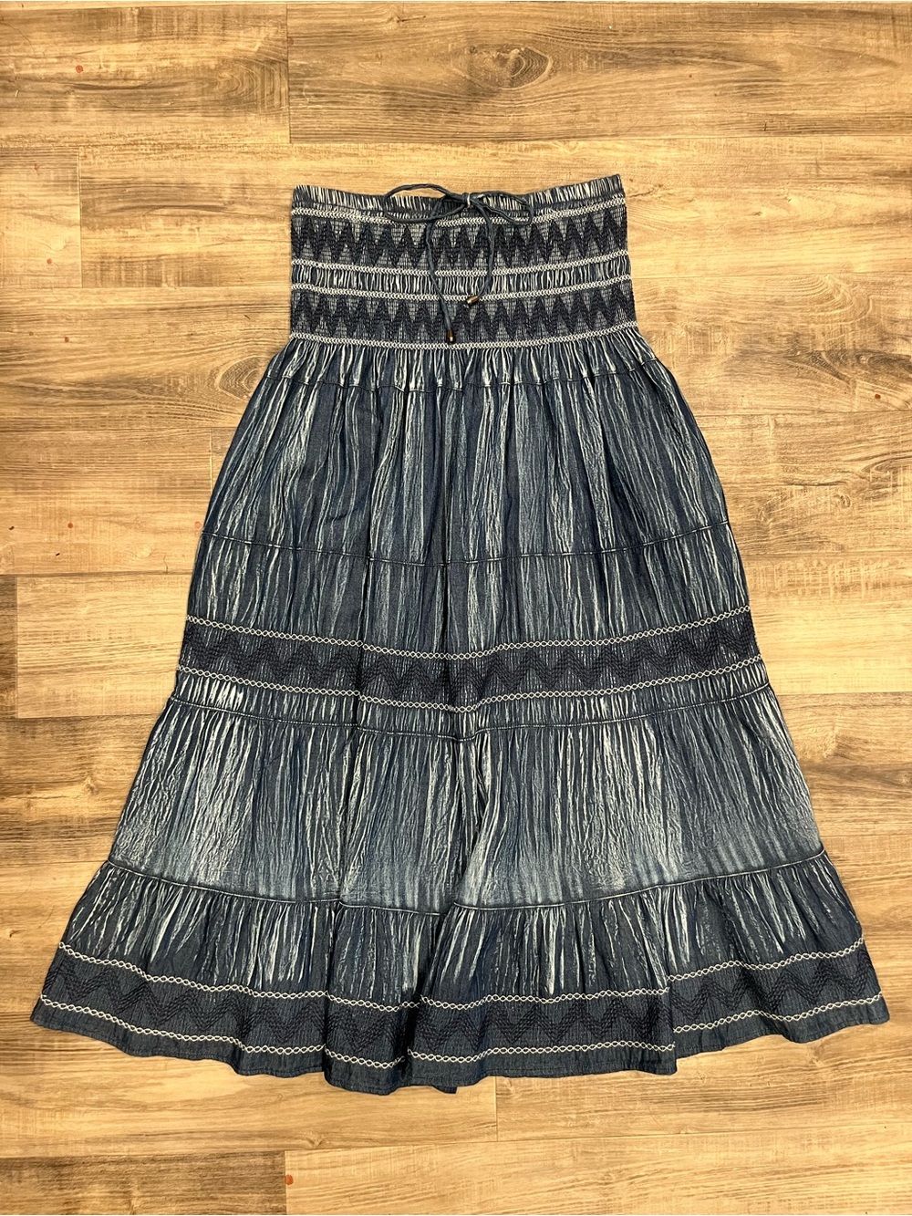 Boho Smocked Waist Denim Tiered Maxi Skirt Size Medium